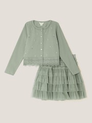 Monsoon Green Embellished Cardigan & Mesh Tiered Skirt Set - Image 1 of 3