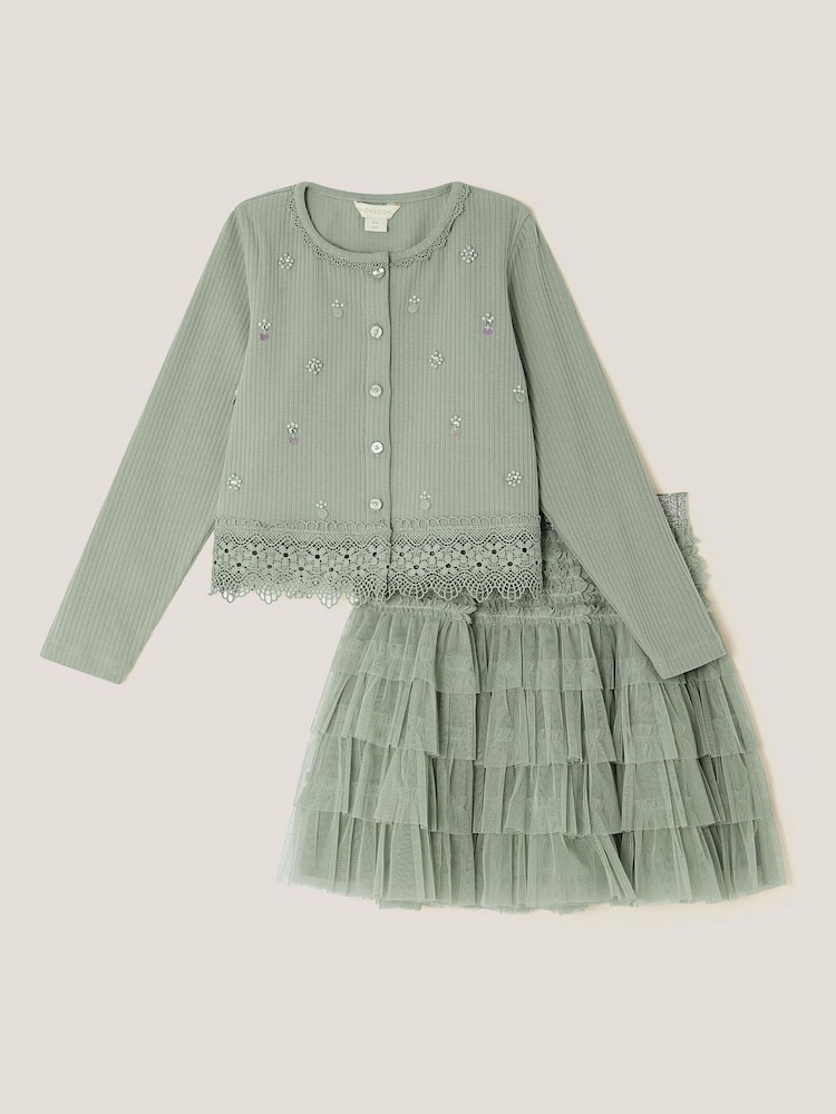Monsoon Green Embellished Cardigan & Mesh Tiered Skirt Set - Image 1 of 3 Monsoon Green Embellished Cardigan & Mesh Tiered Skirt Set - Image 1 of 3