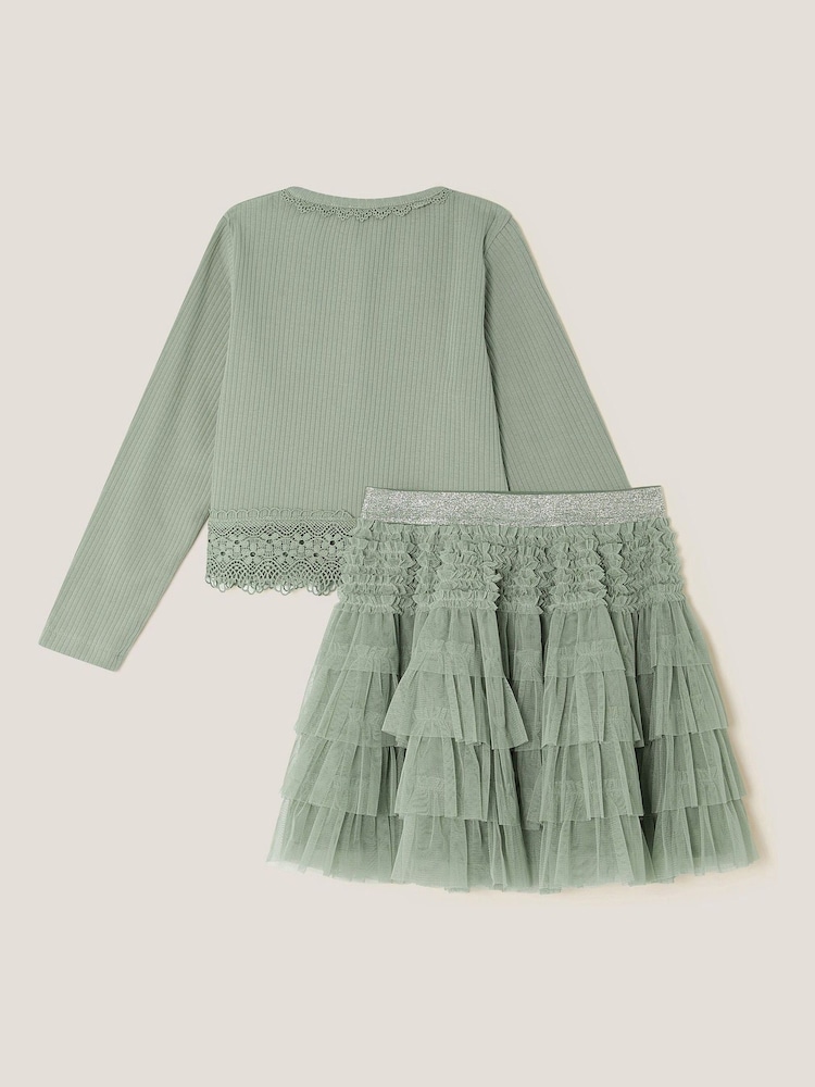 Monsoon Green Embellished Cardigan & Mesh Tiered Skirt Set - Image 2 of 3 Monsoon Green Embellished Cardigan & Mesh Tiered Skirt Set - Image 2 of 3