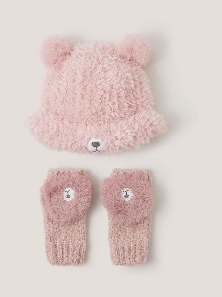 Monsoon Pink Fluffy Teddy Hat & Mitten Set - Image 1 of 3