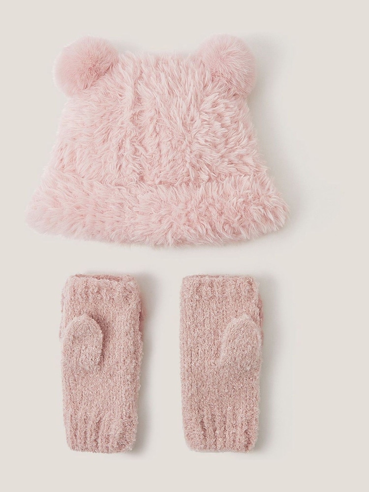 Monsoon Pink Fluffy Teddy Hat & Mitten Set - Image 2 of 3