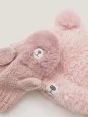 Monsoon Pink Fluffy Teddy Hat & Mitten Set - Image 3 of 3
