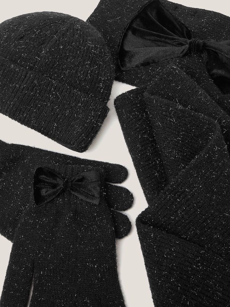 Monsoon Black Sparkle Bow Hat Scarf & Gloves Set - Image 2 of 2 Monsoon Black Sparkle Bow Hat Scarf & Gloves Set - Image 2 of 2