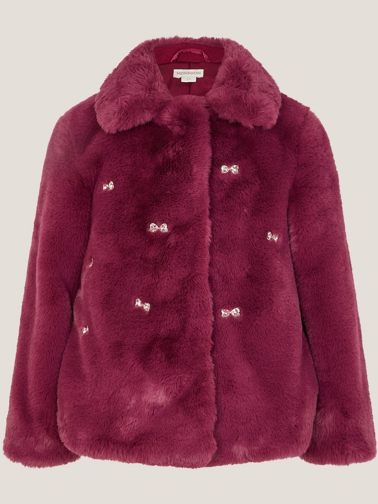 Monsoon Red Bow Embellished Faux Fur Coat - Image 1 of 3