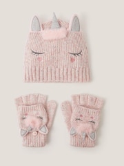 Monsoon Pink Unicorn Beanie Hat & Gloves Set - Image 1 of 2