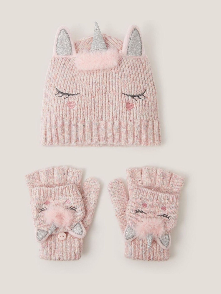 Monsoon Pink Unicorn Beanie Hat & Gloves Set - Image 1 of 2