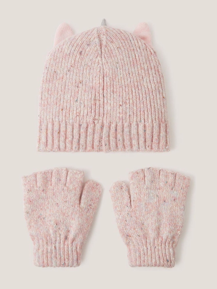 Monsoon Pink Unicorn Beanie Hat & Gloves Set - Image 2 of 2