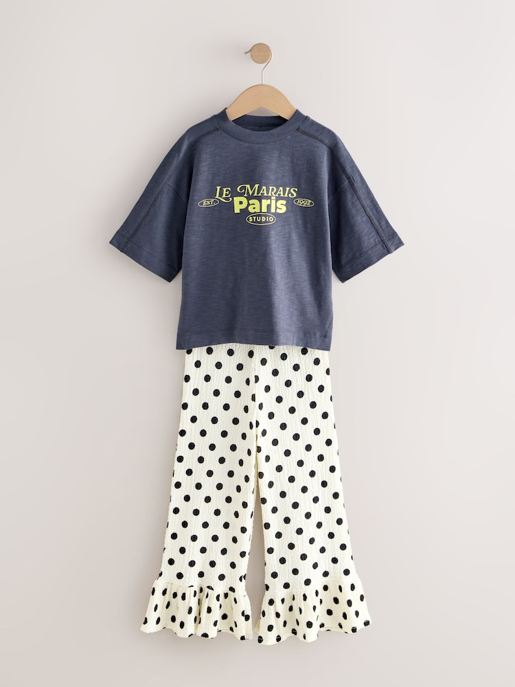 Grey/Spot Slogan T-Shirt and Frill Hem Trousers Set (3-16yrs) - Image 1 of 5 Grey/Spot Slogan T-Shirt and Frill Hem Trousers Set (3-16yrs) - Image 1 of 5