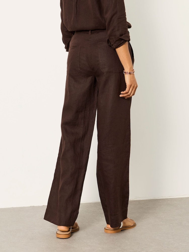 FatFace Arie Chocolate Brown Wide Leg Linen Trousers - Image 2 of 6