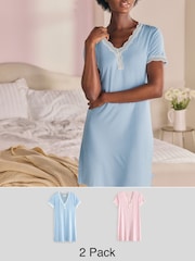 Laura Ashley Pink/Blue 2 Pack Modal Lace Trim Nightie - Image 1 of 13