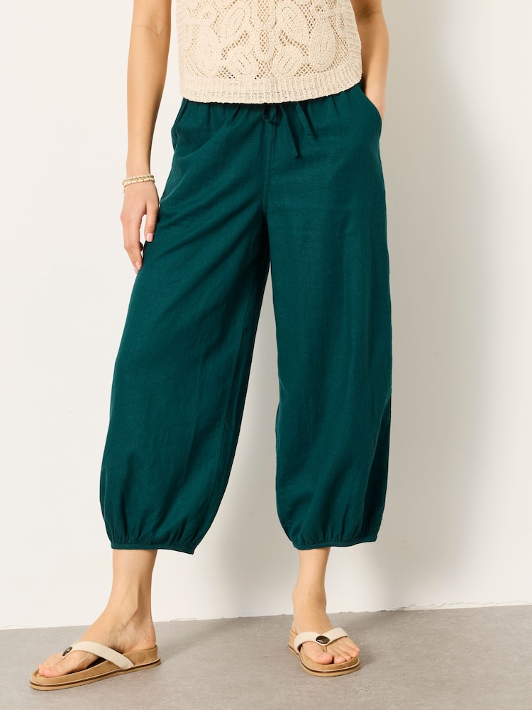 FatFace Amelia Teal Blue Linen Wide Leg Cuffed Trousers - Image 1 of 6