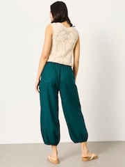 FatFace Amelia Teal Blue Linen Wide Leg Cuffed Trousers - Image 2 of 6