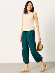 FatFace Amelia Teal Blue Linen Wide Leg Cuffed Trousers - Image 3 of 6