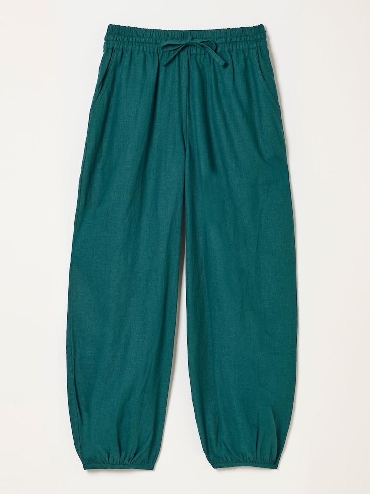FatFace Amelia Teal Blue Linen Wide Leg Cuffed Trousers - Image 6 of 6