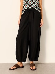 FatFace Amelia Black Linen Wide Leg Cuffed Trousers - Image 1 of 6