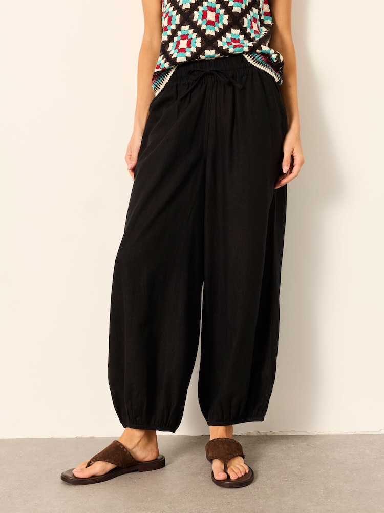 FatFace Amelia Black Linen Wide Leg Cuffed Trousers - Image 1 of 6