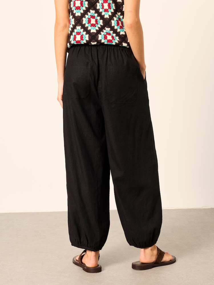 FatFace Amelia Black Linen Wide Leg Cuffed Trousers - Image 2 of 6