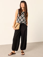 FatFace Amelia Black Linen Wide Leg Cuffed Trousers - Image 3 of 6
