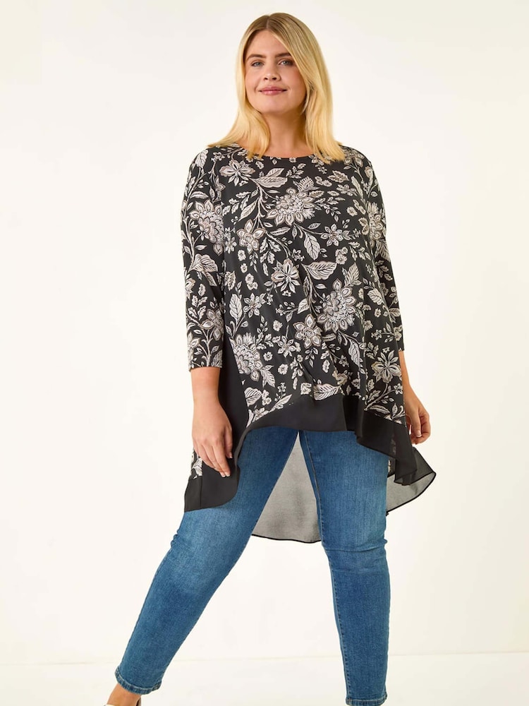 Roman Black Curve Floral High Low Tunic Top - Image 2 of 5
