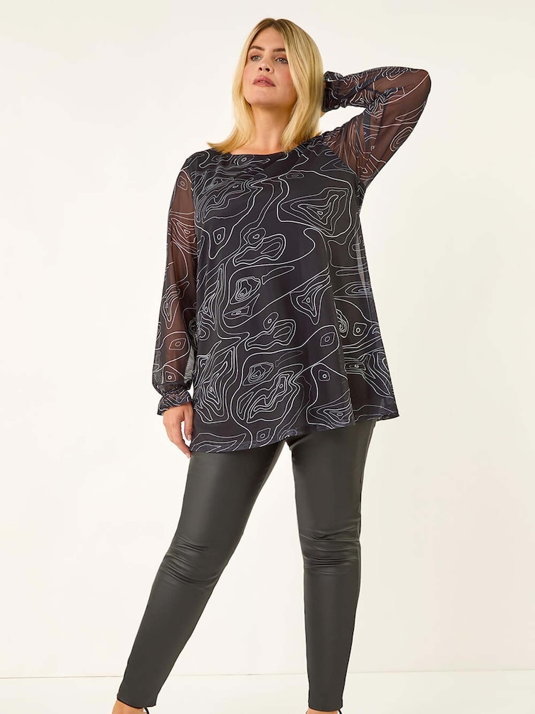 Roman Black Curve Swirl Print Stretch Blouse - Image 1 of 5 Roman Black Curve Swirl Print Stretch Blouse - Image 1 of 5