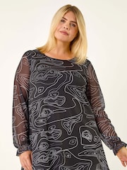 Roman Black Curve Swirl Print Stretch Blouse - Image 3 of 5