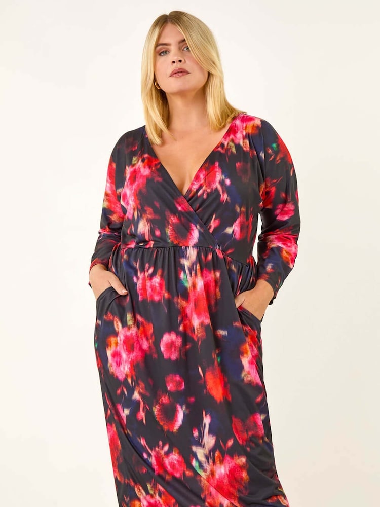 Roman Red Curve Floral Print Mesh Midi Dress - Image 2 of 5 Roman Red Curve Floral Print Mesh Midi Dress - Image 2 of 5