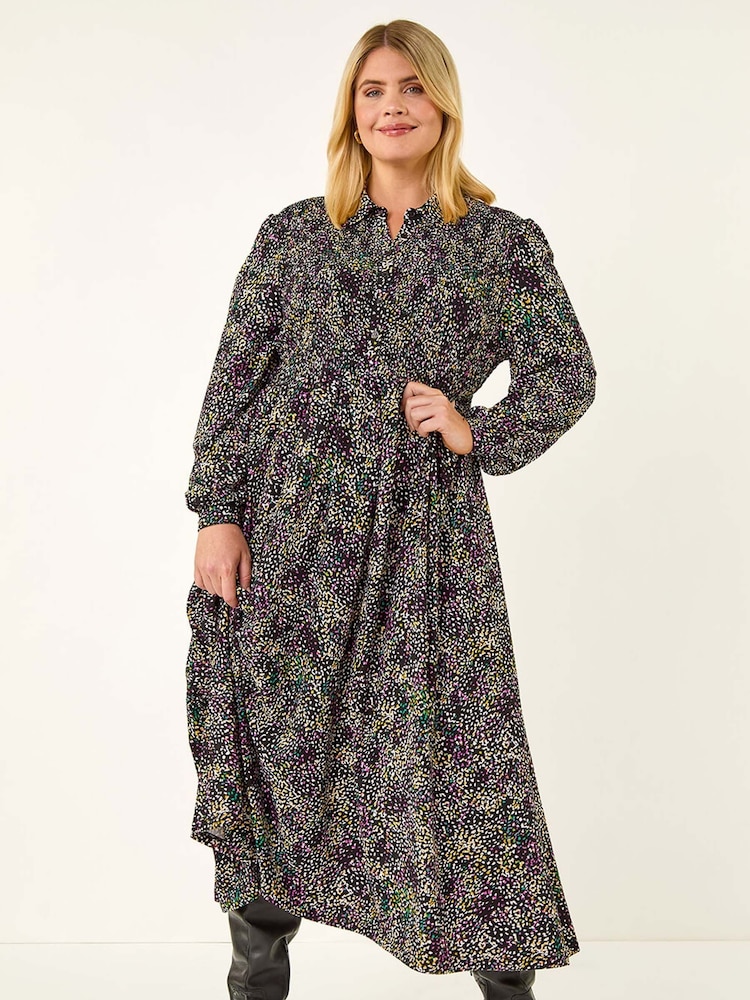 Roman Purple Curve Abstract Print Shirred Midi Dress - Image 2 of 5 Roman Purple Curve Abstract Print Shirred Midi Dress - Image 2 of 5