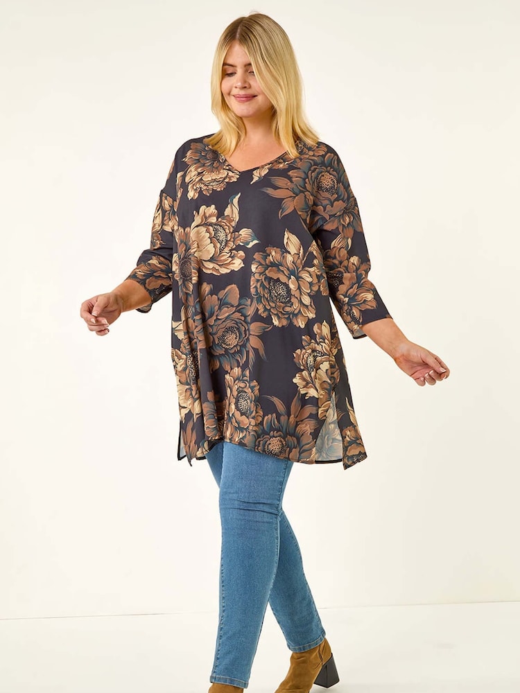 Roman Brown Curve Floral Print Tunic Top - Image 2 of 5 Roman Brown Curve Floral Print Tunic Top - Image 2 of 5