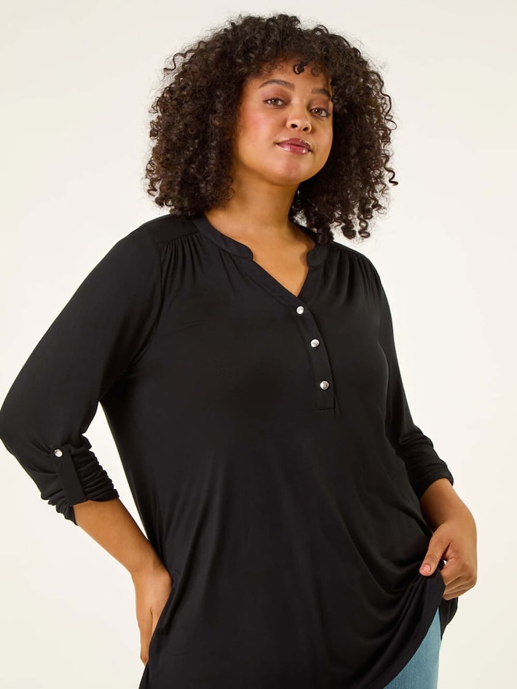 Roman Black Curve Buttoned Stretch Blouse - Image 1 of 5 Roman Black Curve Buttoned Stretch Blouse - Image 1 of 5