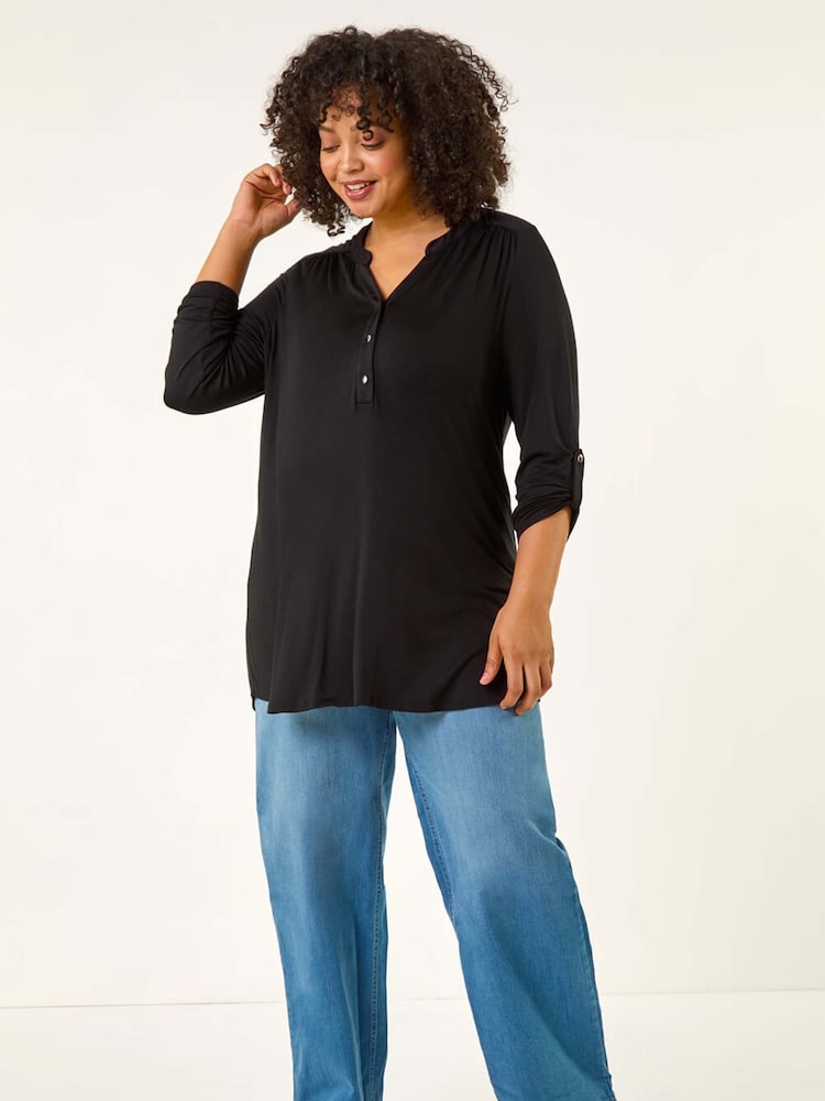Roman Black Curve Buttoned Stretch Blouse - Image 2 of 5 Roman Black Curve Buttoned Stretch Blouse - Image 2 of 5