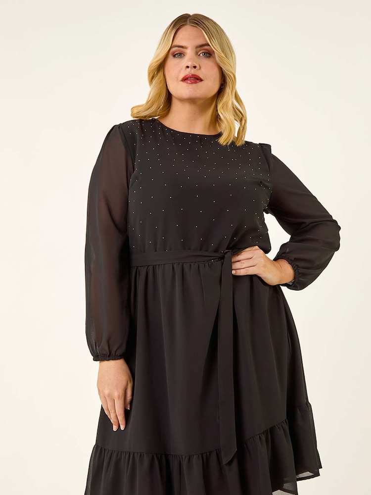 Roman Black Curve Hotfix Tie Waist Midi Dress - Image 1 of 5 Roman Black Curve Hotfix Tie Waist Midi Dress - Image 1 of 5