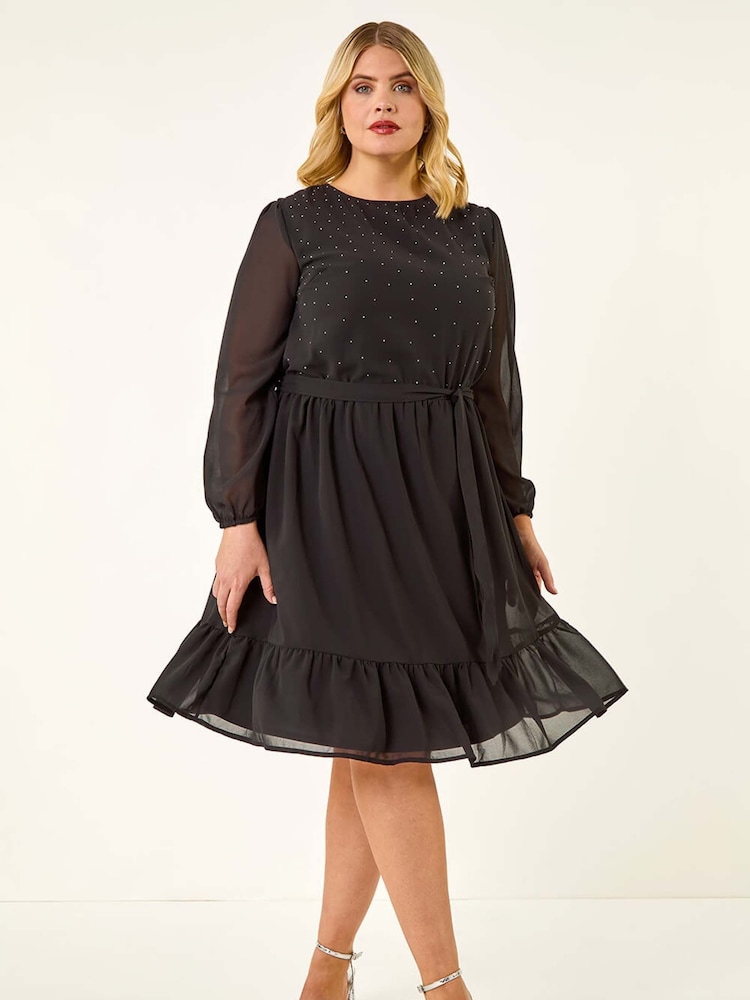 Roman Black Curve Hotfix Tie Waist Midi Dress - Image 2 of 5 Roman Black Curve Hotfix Tie Waist Midi Dress - Image 2 of 5