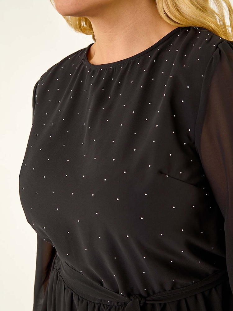 Roman Black Curve Hotfix Tie Waist Midi Dress - Image 5 of 5