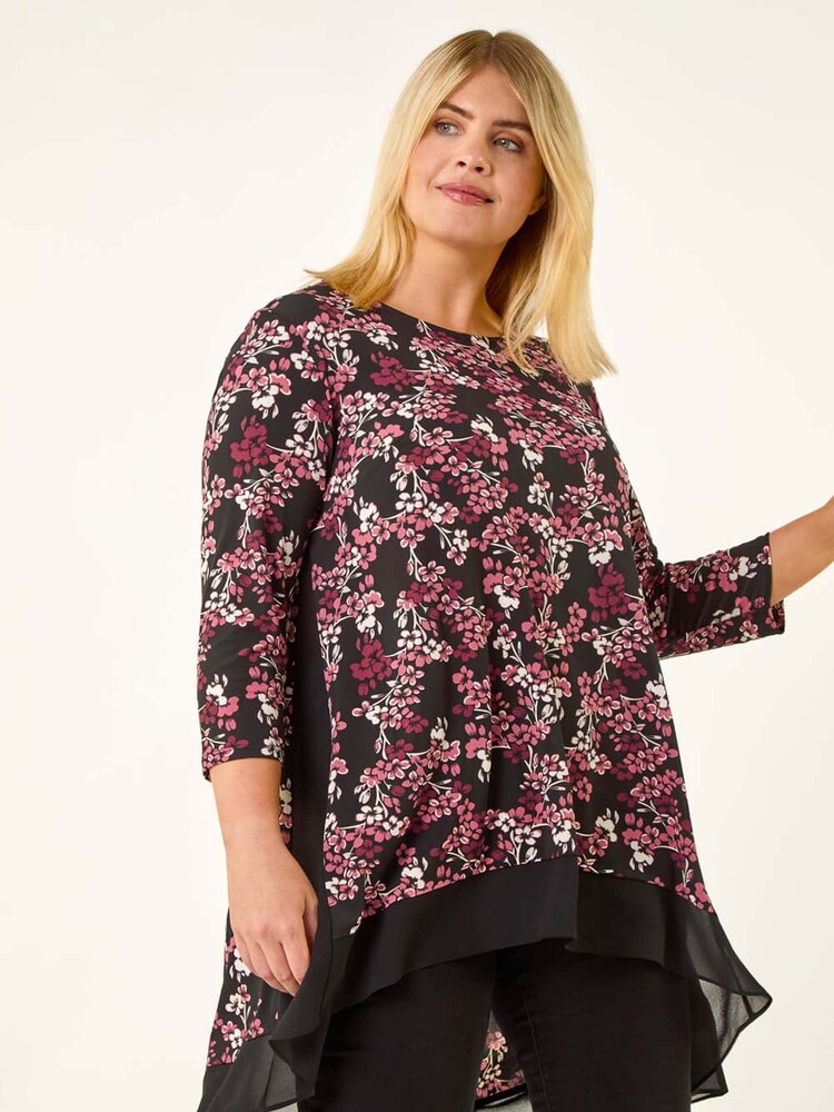 Roman Pink Curve Floral High Low Chiffon Blouse - Image 1 of 5 Roman Pink Curve Floral High Low Chiffon Blouse - Image 1 of 5