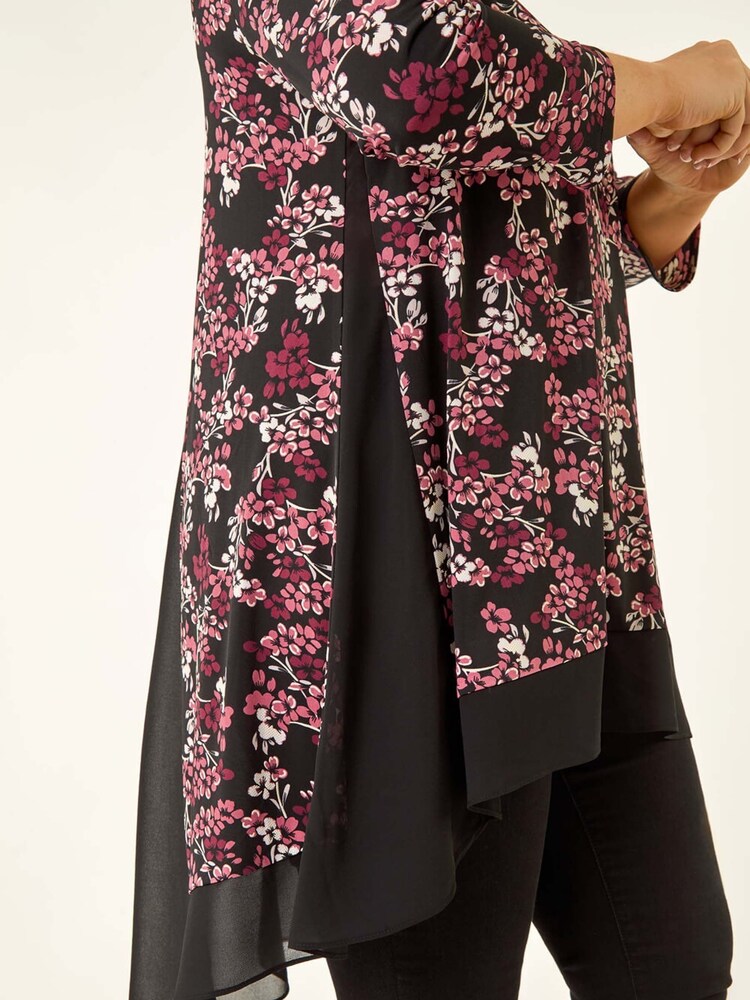 Roman Pink Curve Floral High Low Chiffon Blouse - Image 5 of 5 Roman Pink Curve Floral High Low Chiffon Blouse - Image 5 of 5