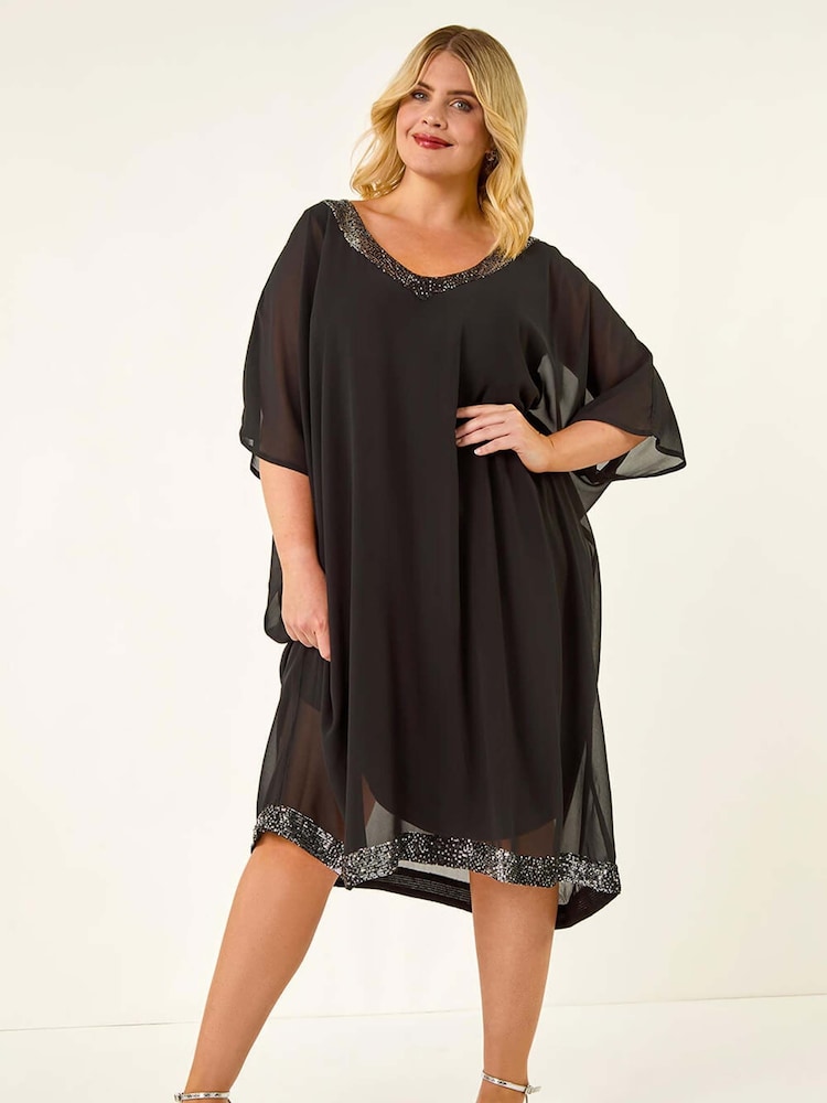 Roman Black Curve Sequin Chiffon Overlay Dress - Image 2 of 5