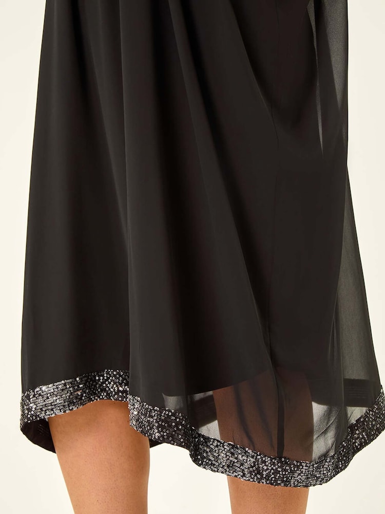 Roman Black Curve Sequin Chiffon Overlay Dress - Image 5 of 5 Roman Black Curve Sequin Chiffon Overlay Dress - Image 5 of 5