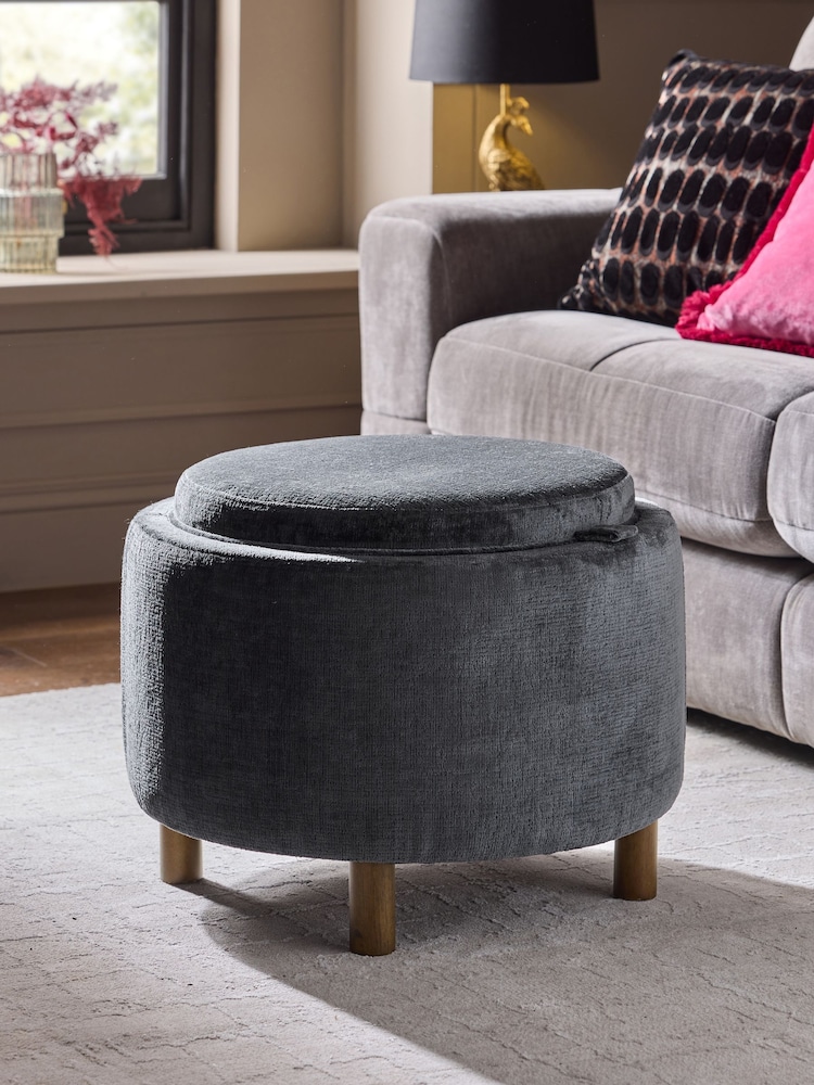 Plush Chenille Slate Blue Ashton Upholstered Storage Stool - Image 1 of 9