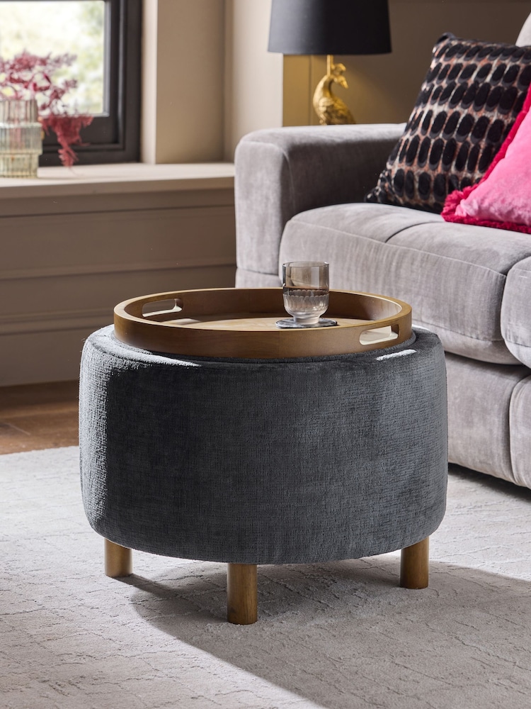 Plush Chenille Slate Blue Ashton Upholstered Storage Stool - Image 2 of 9