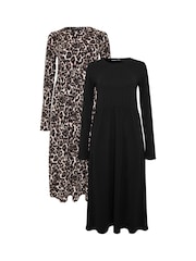 Threadbare Animal 2 Pack Long Sleeve Jersey Midi Dress - Image 1 of 7
