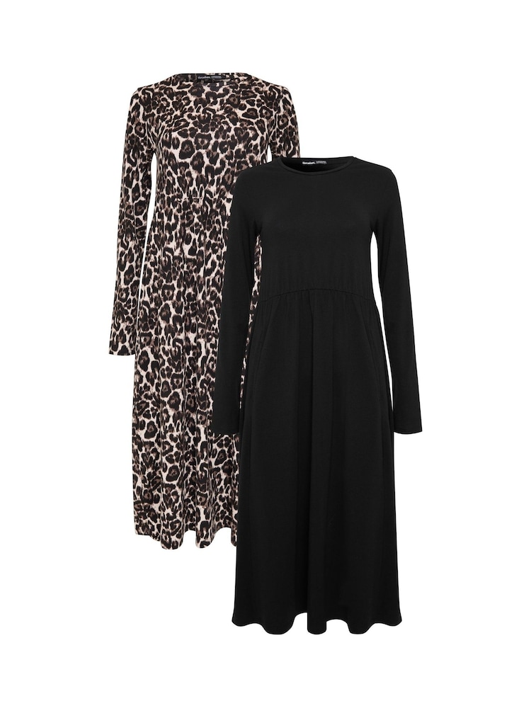 Threadbare Animal 2 Pack Long Sleeve Jersey Midi Dress - Image 1 of 7