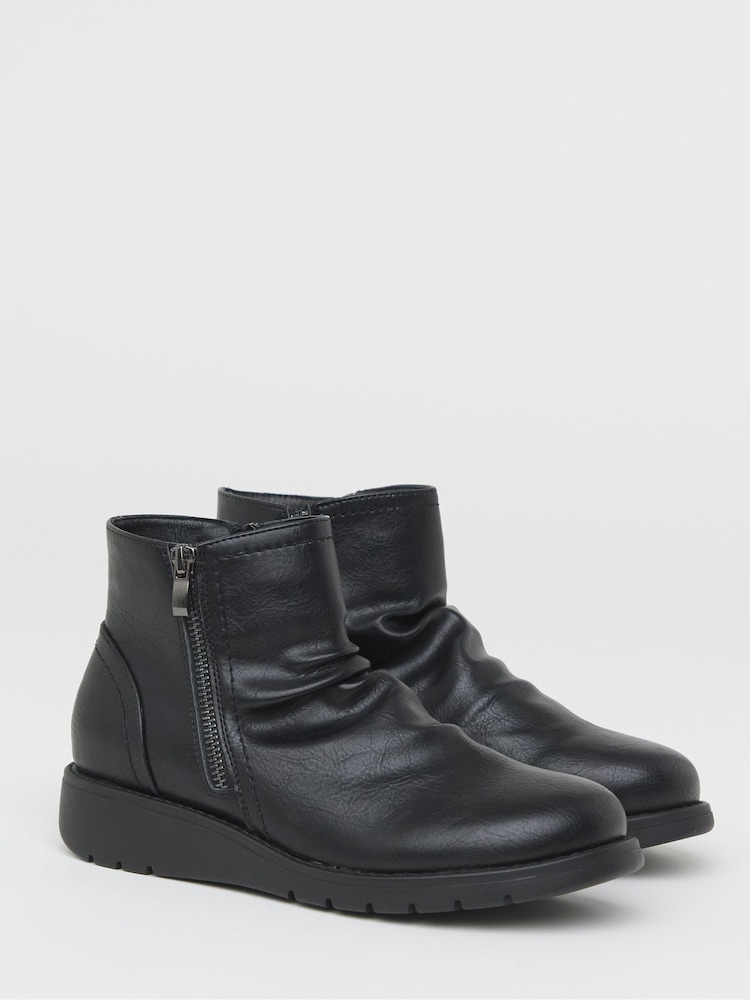 JD Williams Black Heavenly Soles Low Wedge Ruched Boots With Zip - Image 2 of 4 JD Williams Black Heavenly Soles Low Wedge Ruched Boots With Zip - Image 2 of 4
