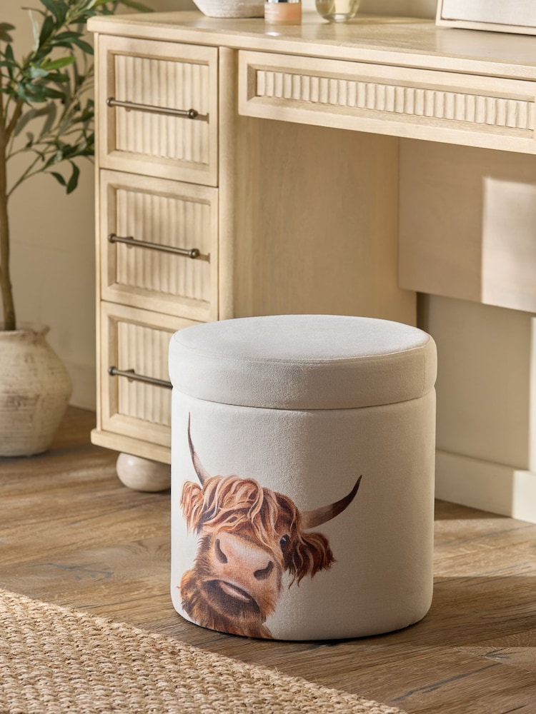 Tailored Linen Look Hamish Print Natural Stella Storage Round Stool - Image 1 of 4 Tailored Linen Look Hamish Print Natural Stella Storage Round Stool - Image 1 of 4