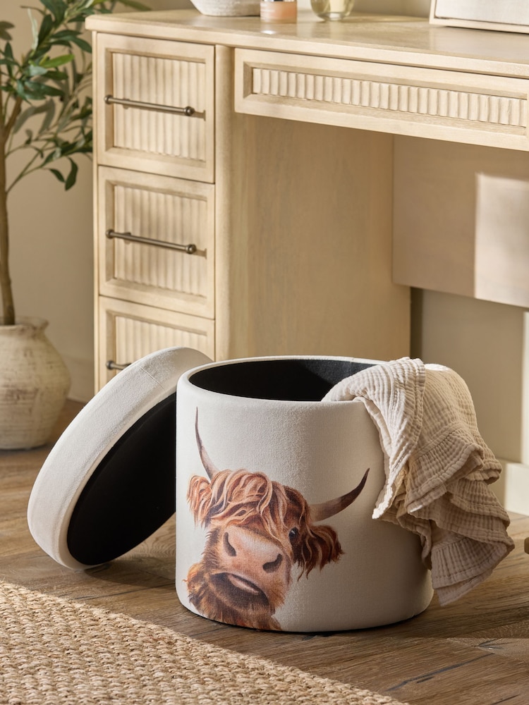 Tailored Linen Look Hamish Print Natural Stella Storage Round Stool - Image 2 of 4 Tailored Linen Look Hamish Print Natural Stella Storage Round Stool - Image 2 of 4