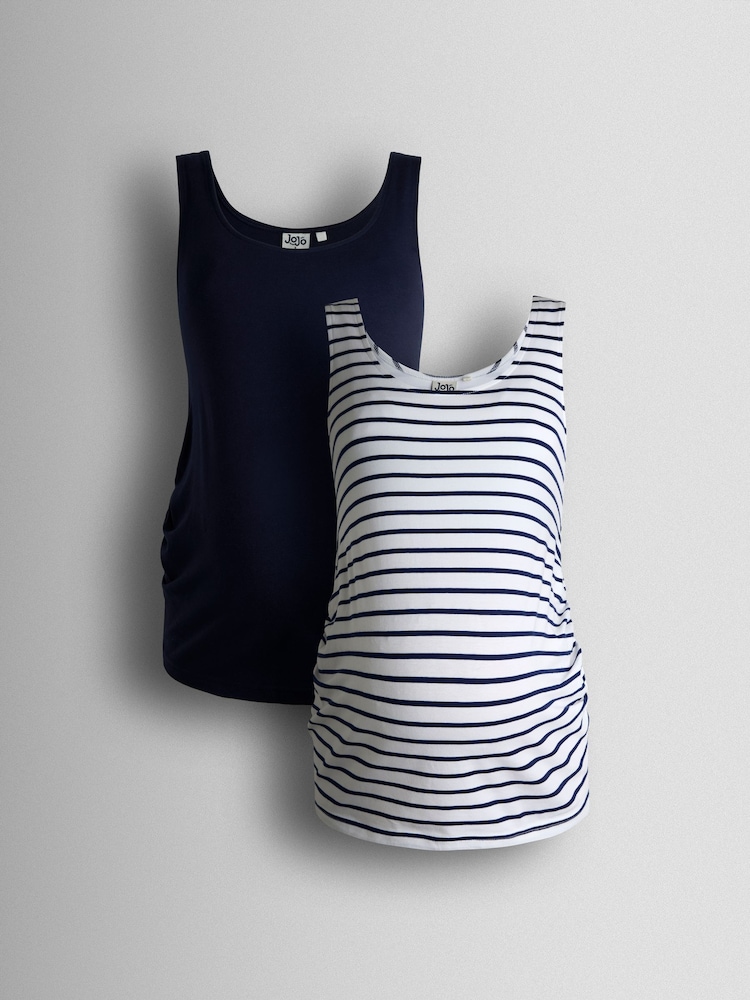 JoJo Maman Bébé Navy Ecru Stripe 2-Pack Maternity Vest Tops - Image 1 of 10 JoJo Maman Bébé Navy Ecru Stripe 2-Pack Maternity Vest Tops - Image 1 of 10
