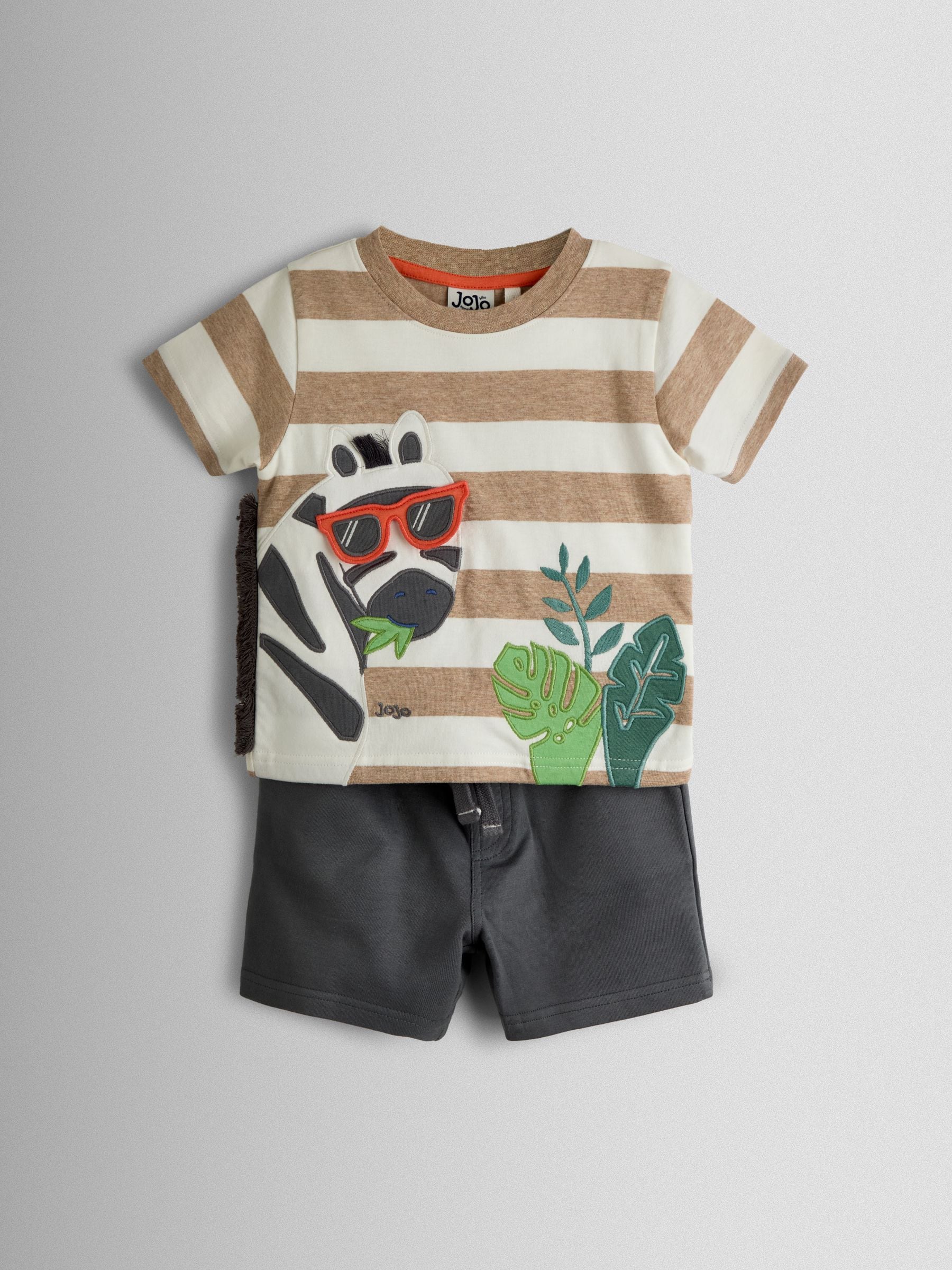 JoJo Maman Bébé Charcoal Grey Zebra 2-Piece Appliqué T-Shirt & Shorts Set