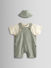 JoJo Maman Bébé Green 3-Piece Stripe Dungarees & T-Shirt Set with Hat - Image 1 of 8