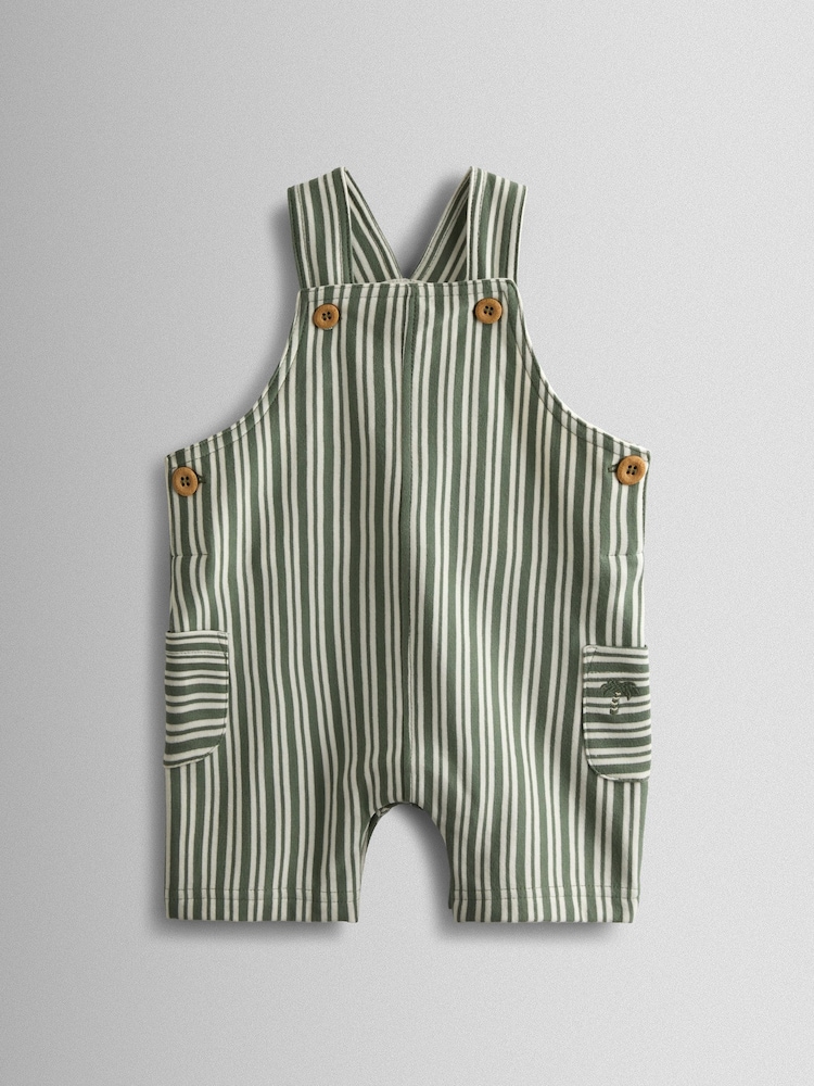 JoJo Maman Bébé Green 3-Piece Stripe Dungarees & T-Shirt Set with Hat - Image 2 of 8