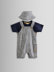 JoJo Maman Bébé Stripe Dungarees, T-Shirt & Hat 3-Piece Set - Imagen 1 de 8