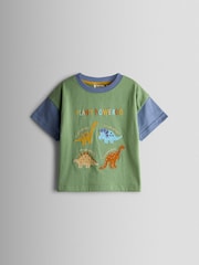 JoJo Maman Bébé Khaki Green Dino Plant Powered Applique T-Shirt - Image 1 of 3